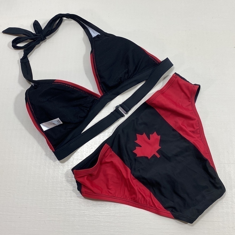 2 pc red and black bikini with Canadian flag - Picture 2 of 7